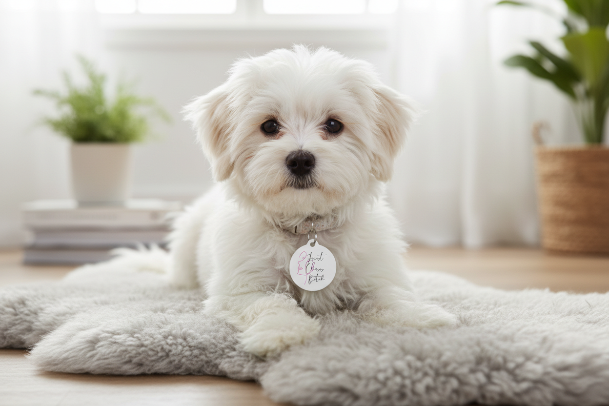 Small white dog wearing First Class Bitch pet ID tag